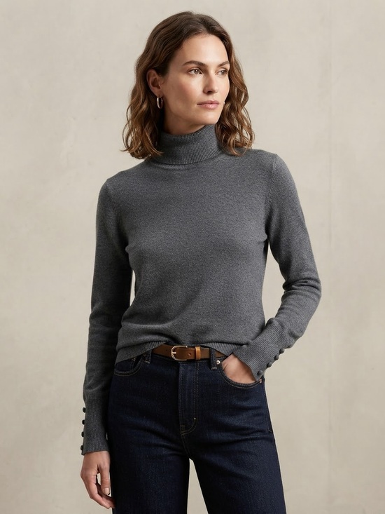 Cupio Sweaters - Cupio Gray Turtleneck Sweater Button Cuff Long Sleeve Heather Charcoal Size L